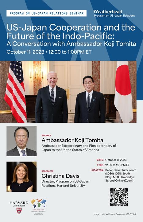 Seminar poster with image of US President Joe Biden and JP Prime Minister Fumio Kishida, headshots of speakers, and event details