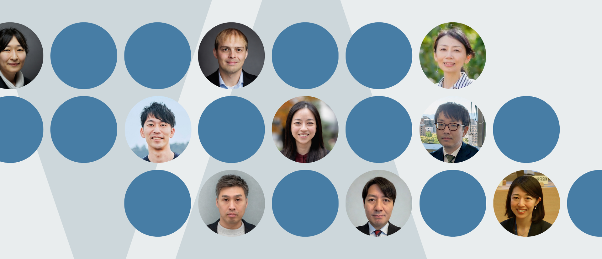 Collage of affiliates in the 2026-2027 Program on US-Japan Relations, in circular frames, set against a duotone gray background. 