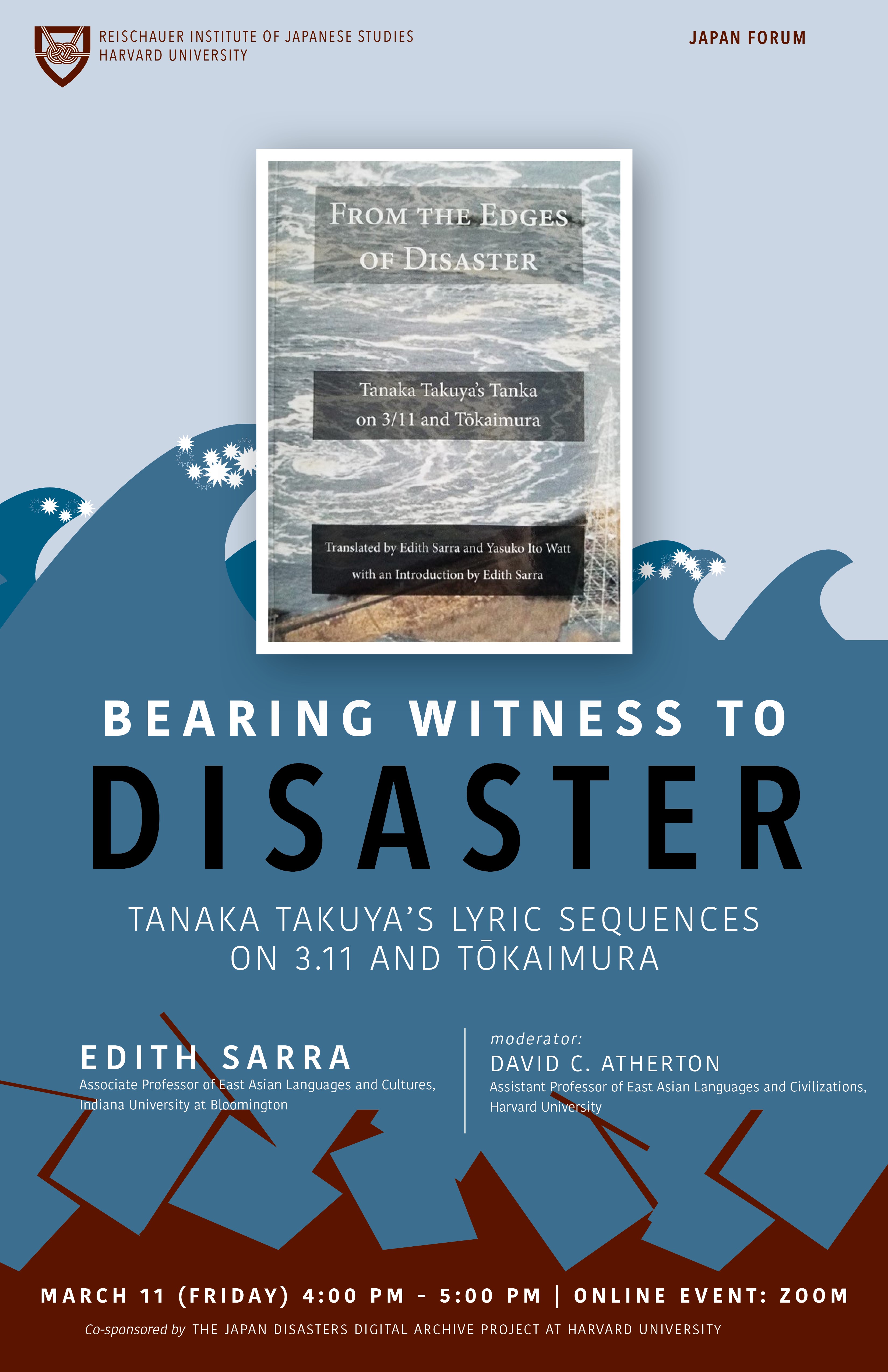 Poster advertising March 11 Japan Forum with image of Edith Sarra book cover and illustrations of waves.